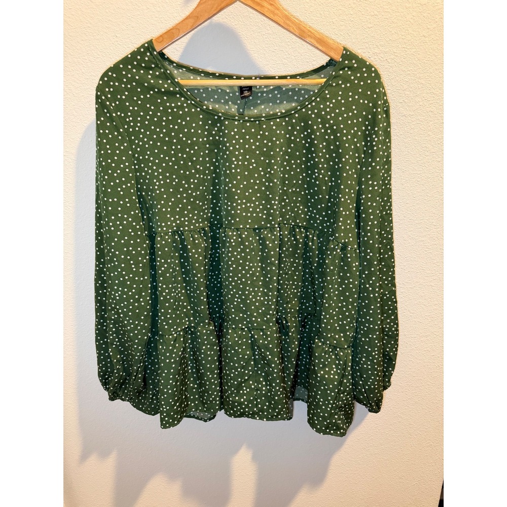 Dark Green Polka Dot Tiered Babydoll Blouse Long Sleeve Top 1XL